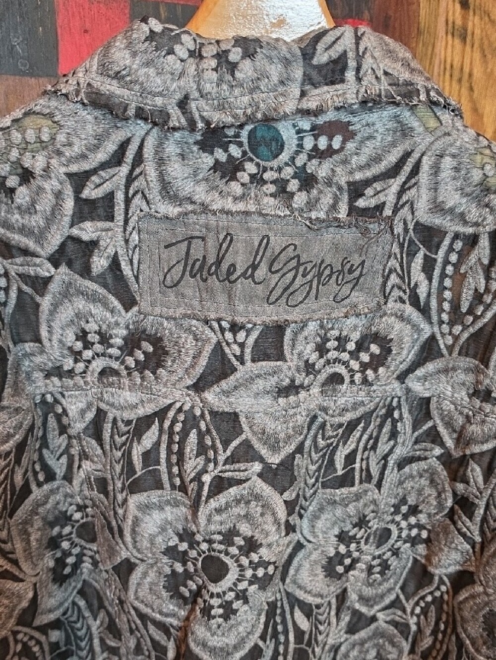 145p Jaded Gypsy Garden Bliss Jacket Floral-Print Gray Button-Up Lace Jacket - Picture 8 of 10